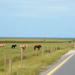 Wild horses roaming near a road in Corolla, North Carolina