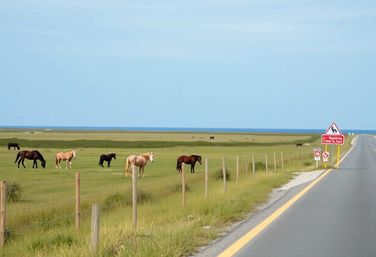 Wild horses roaming near a road in Corolla, North Carolina