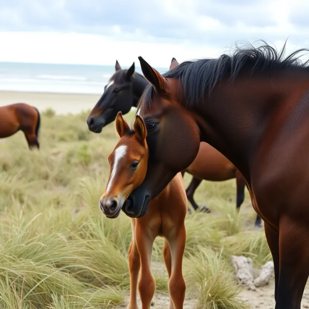 A newborn filly with the Corolla wild horse herd on the Outer Banks