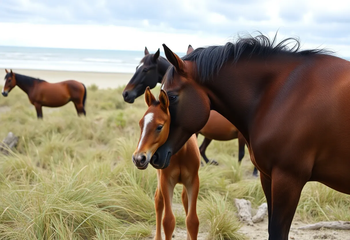 A newborn filly with the Corolla wild horse herd on the Outer Banks