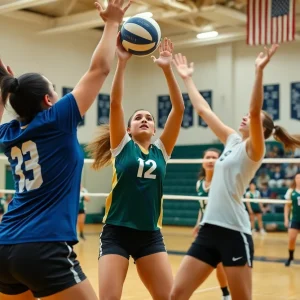 East Carolina volleyball team competing against William & Mary