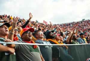 College football fans supporting their teams at a game.