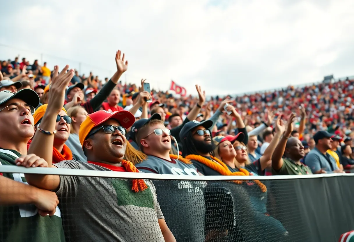 College football fans supporting their teams at a game.