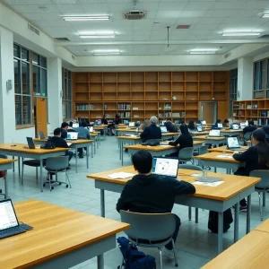 East Carolina University campus with students studying online