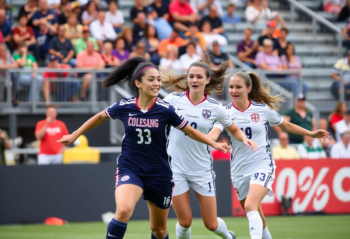 East Carolina University soccer team celebrating a goal against Tulsa