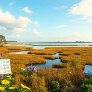 A view of an estuary with educational displays about ecosystems