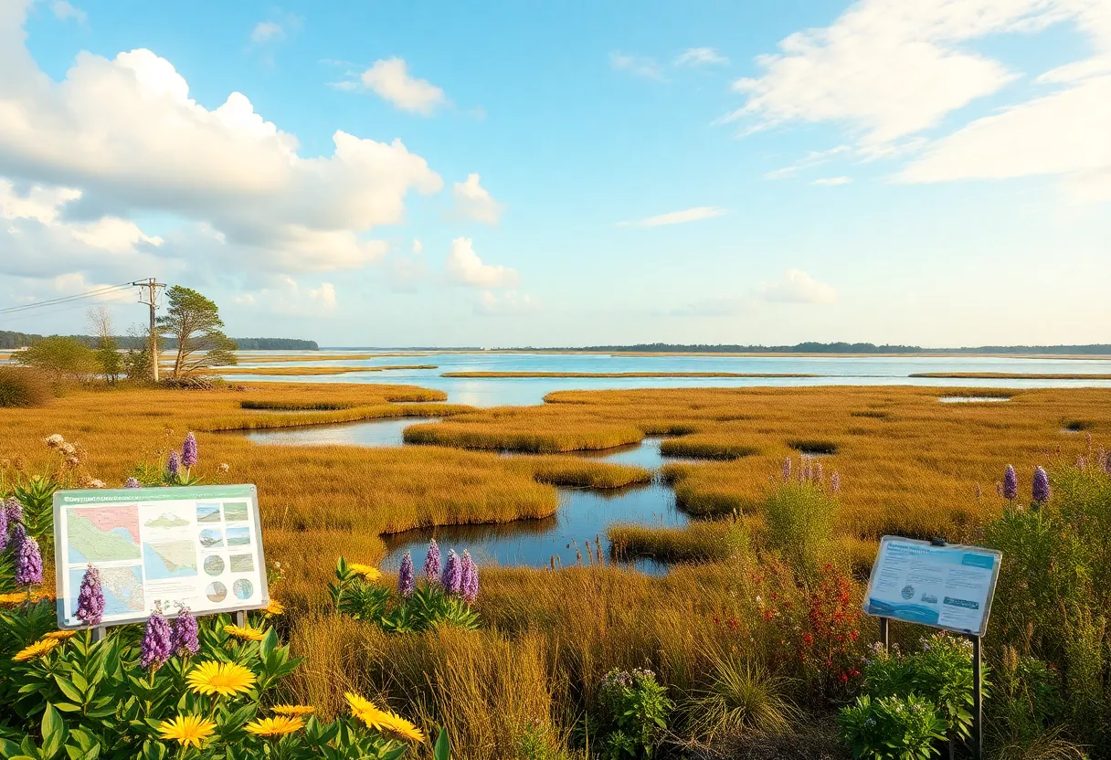 A view of an estuary with educational displays about ecosystems