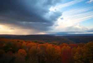 Scenic view of fall weather in North Carolina with clouds and warm colors