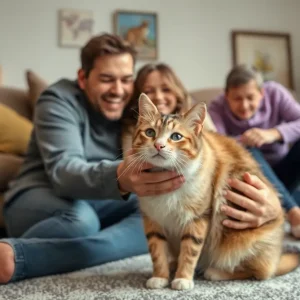 Family joyously reunited with their cat in a cozy home setting.