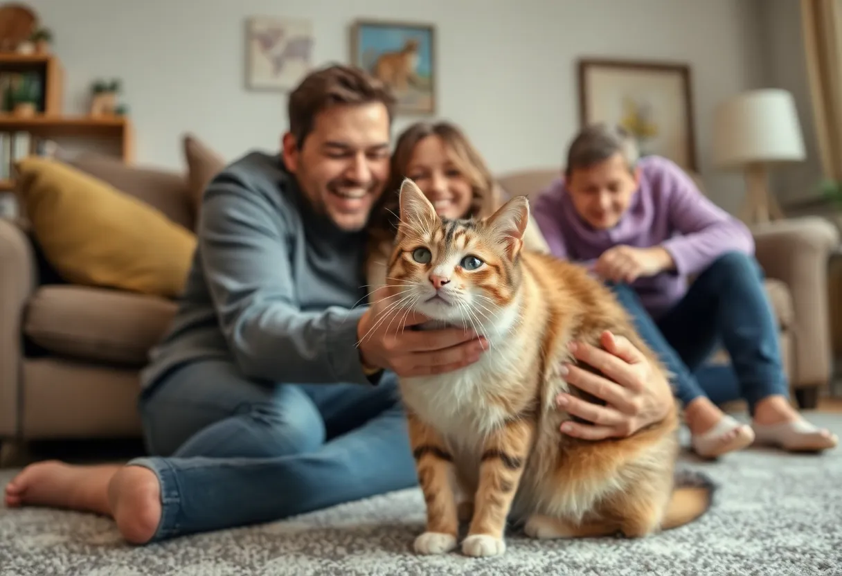 Family joyously reunited with their cat in a cozy home setting.