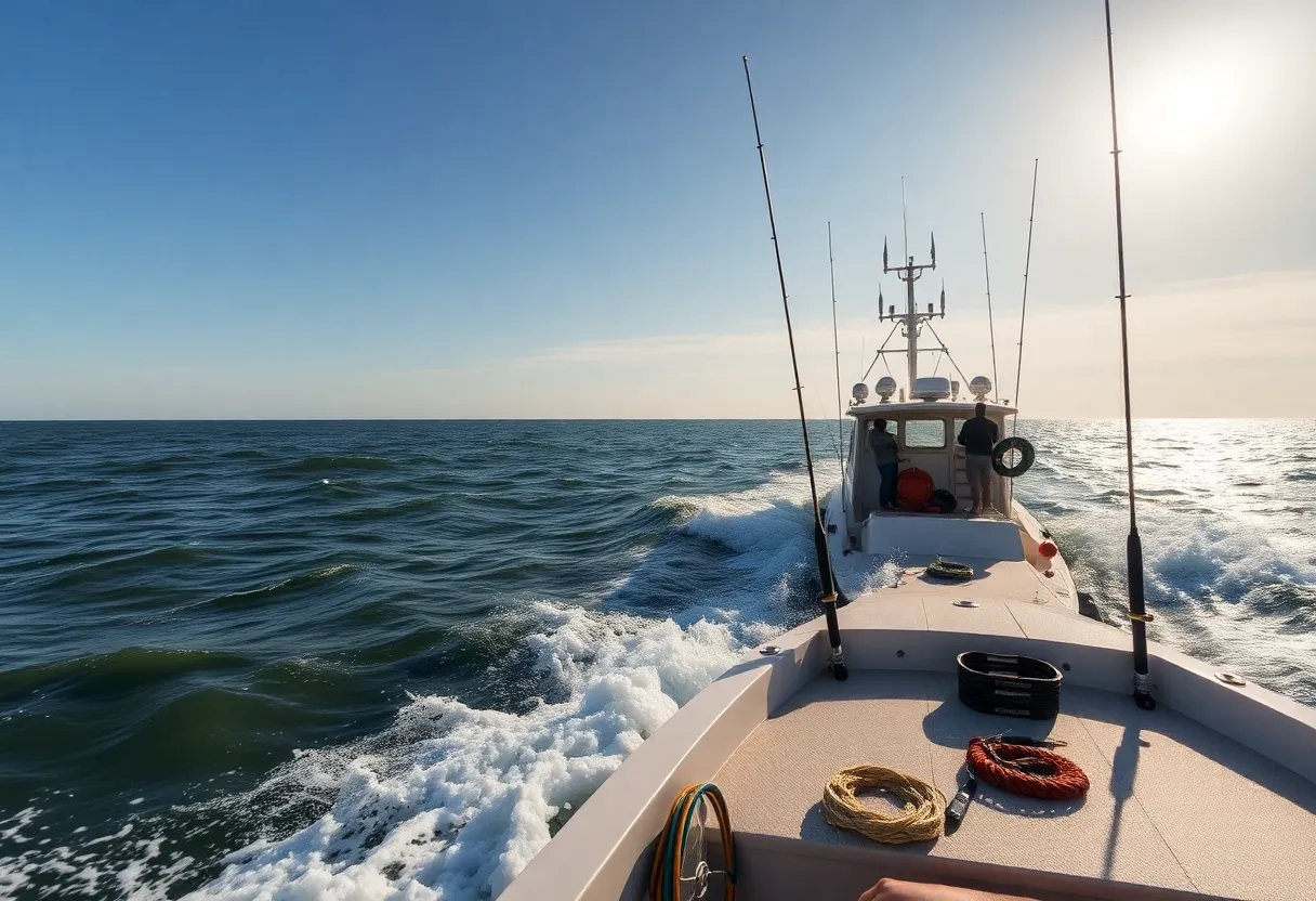 A fishing vessel navigating the waters of the Outer Banks, NC