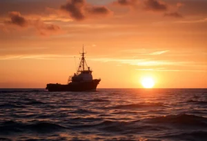 Fishing vessel at sunset near Hatteras, North Carolina