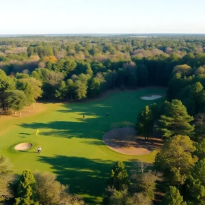 Aerial view of participants competing in a golf tournament at Caledonia Golf Club.