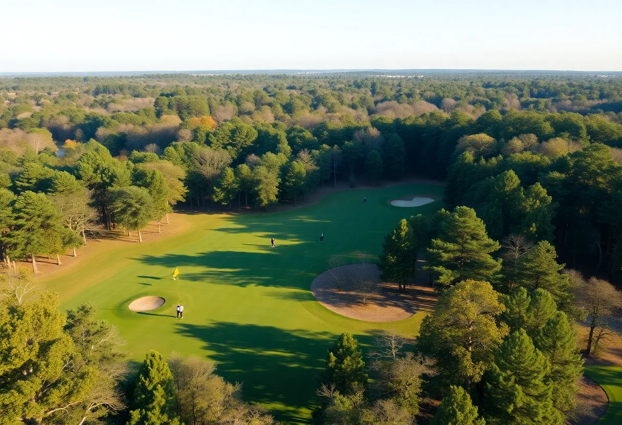 Aerial view of participants competing in a golf tournament at Caledonia Golf Club.