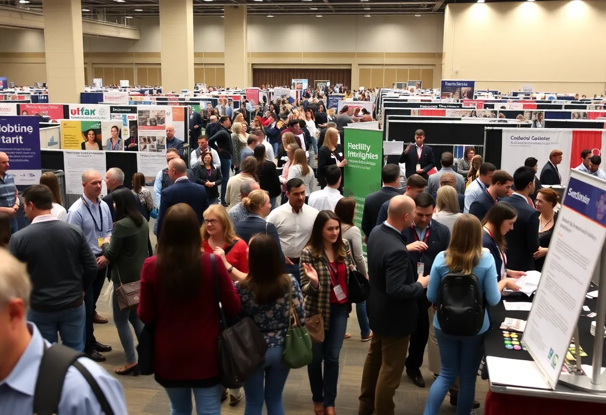 Job seekers at a busy job fair in Greenville Convention Center