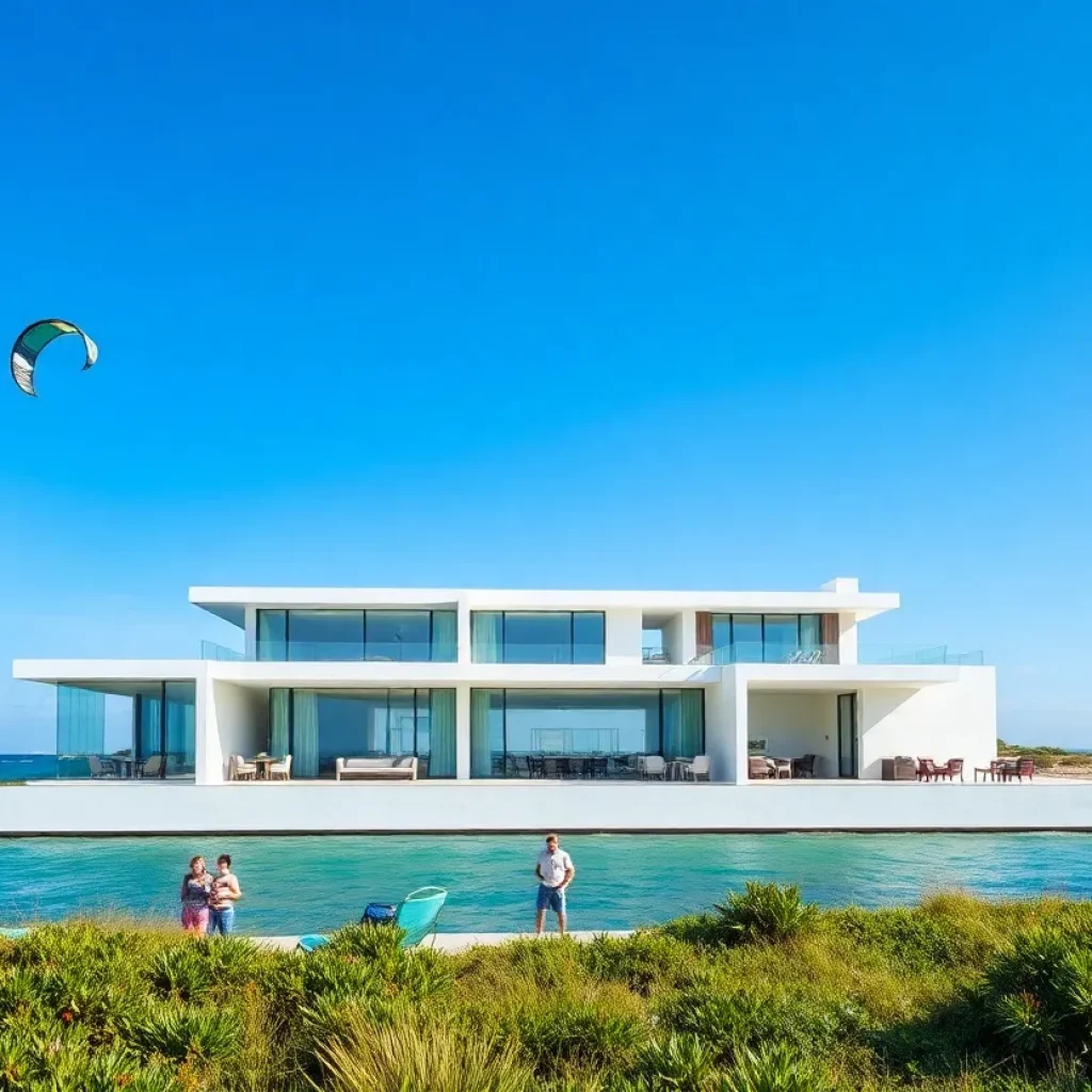 Modern waterfront property on Hatteras Island with kiteboarding activities