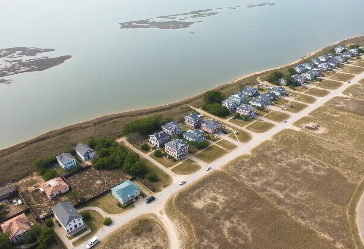 Aerial view of Hatteras Island during power outage with evacuation scenes