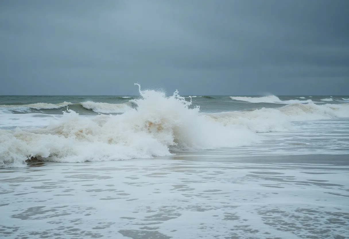 Large waves crashing on Outer Banks beach due to Hurricane Erin