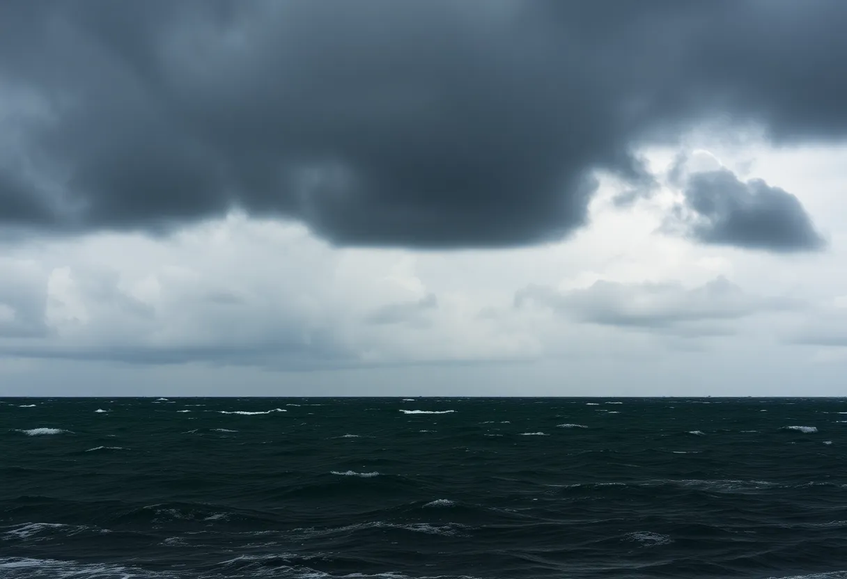 An intense hurricane scene over the ocean as storm clouds gather