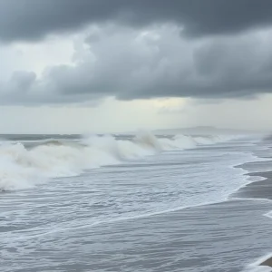 Flooded beach with strong waves from Hurricane Erin