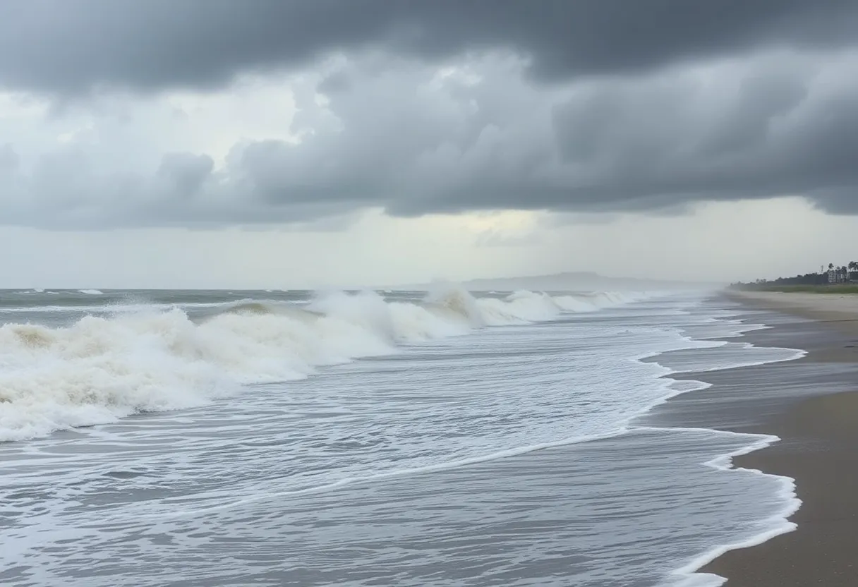 Flooded beach with strong waves from Hurricane Erin
