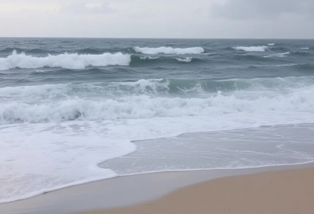 High waves and stormy skies depicting the effects of Hurricane Erin along the East Coast