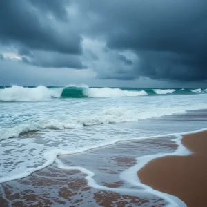 Stormy waves and dark clouds along the coast due to Hurricane Erin