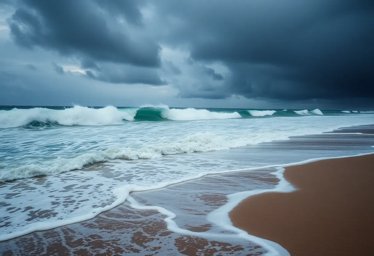 Stormy waves and dark clouds along the coast due to Hurricane Erin