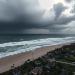 Hurricane Erin impacts North Carolina coast with strong waves and storm clouds