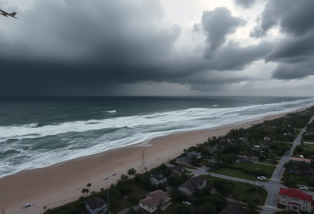 Hurricane Erin impacts North Carolina coast with strong waves and storm clouds