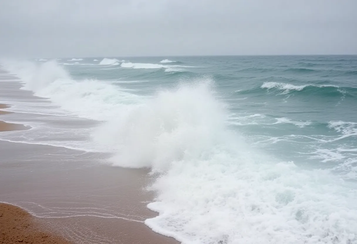High waves and stormy skies along the Outer Banks coastline during Hurricane Erin
