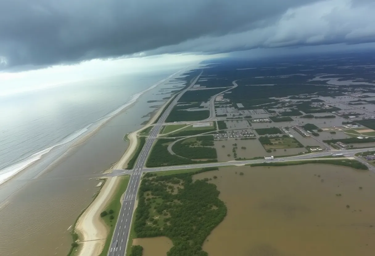 Aerial view of the Outer Banks affected by flooding from Hurricane Erin