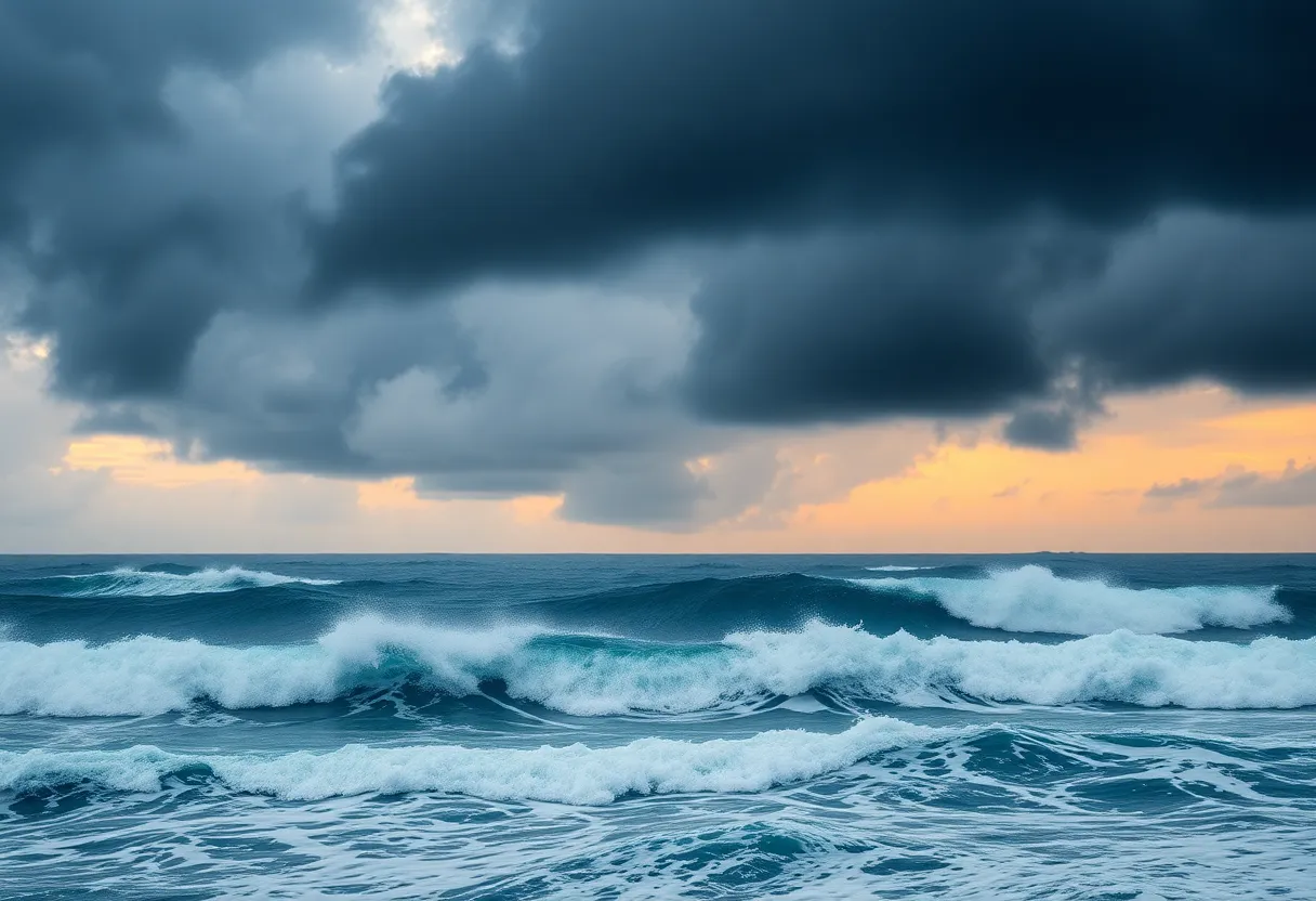 Hurricane Gabrielle over the ocean with storm clouds and rough seas