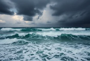 Turbulent ocean waves from Hurricane Gabrielle impacting the coastline