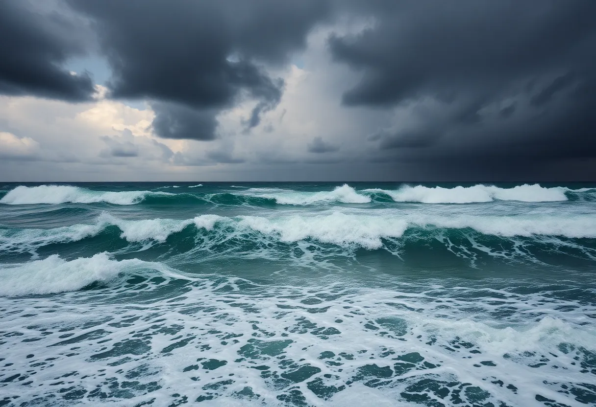 Turbulent ocean waves from Hurricane Gabrielle impacting the coastline