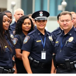 Law enforcement officers visibly displaying badges in a community