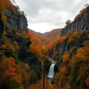 Scenic view of Linville Gorge with waterfall and cliffs