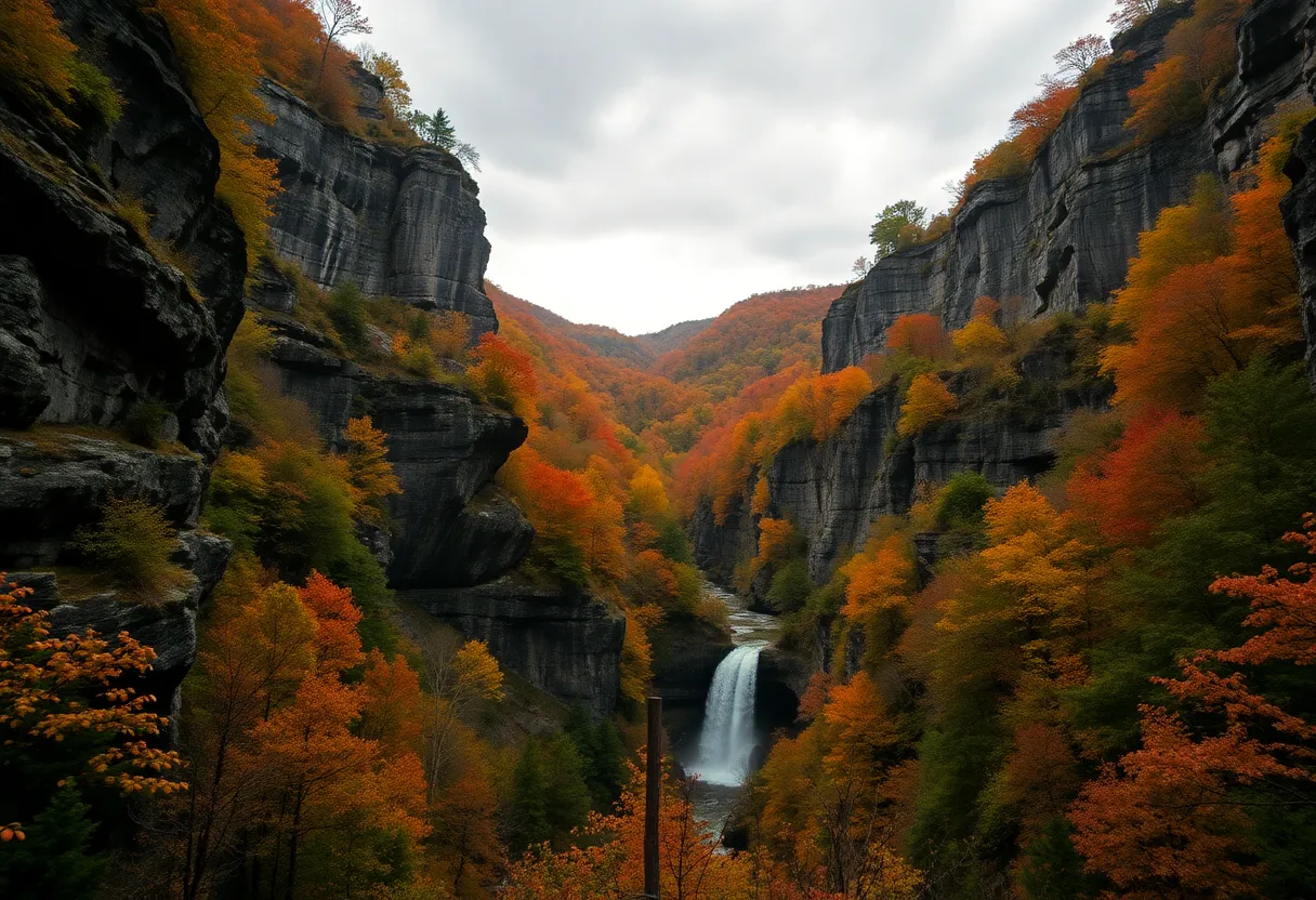 Scenic view of Linville Gorge with waterfall and cliffs