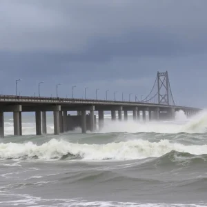 Stormy weather conditions at Marc Basnight Bridge, Outer Banks
