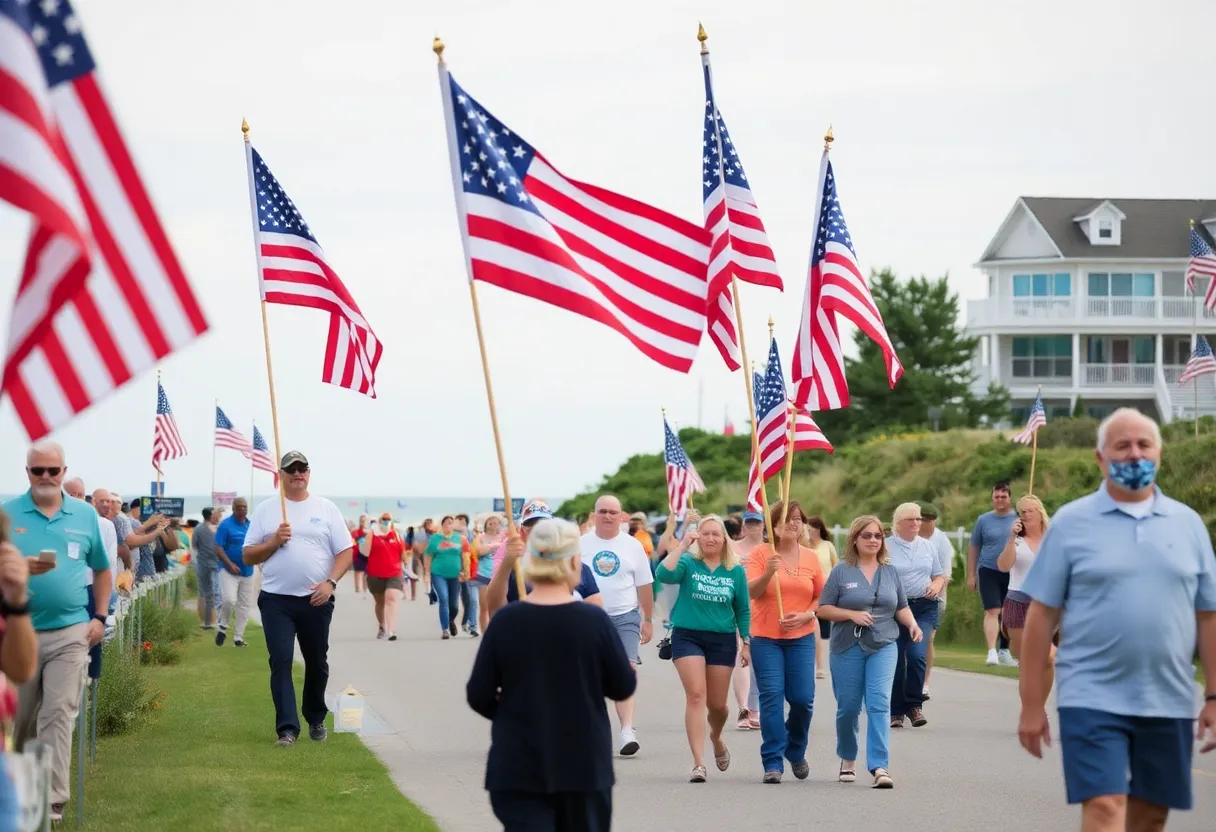 Participants of the 9/11 memorial walk in Kill Devil Hills with American flags