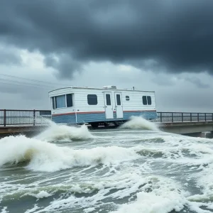 A mobile home positioned on the Marc Basnight Bridge during high winds