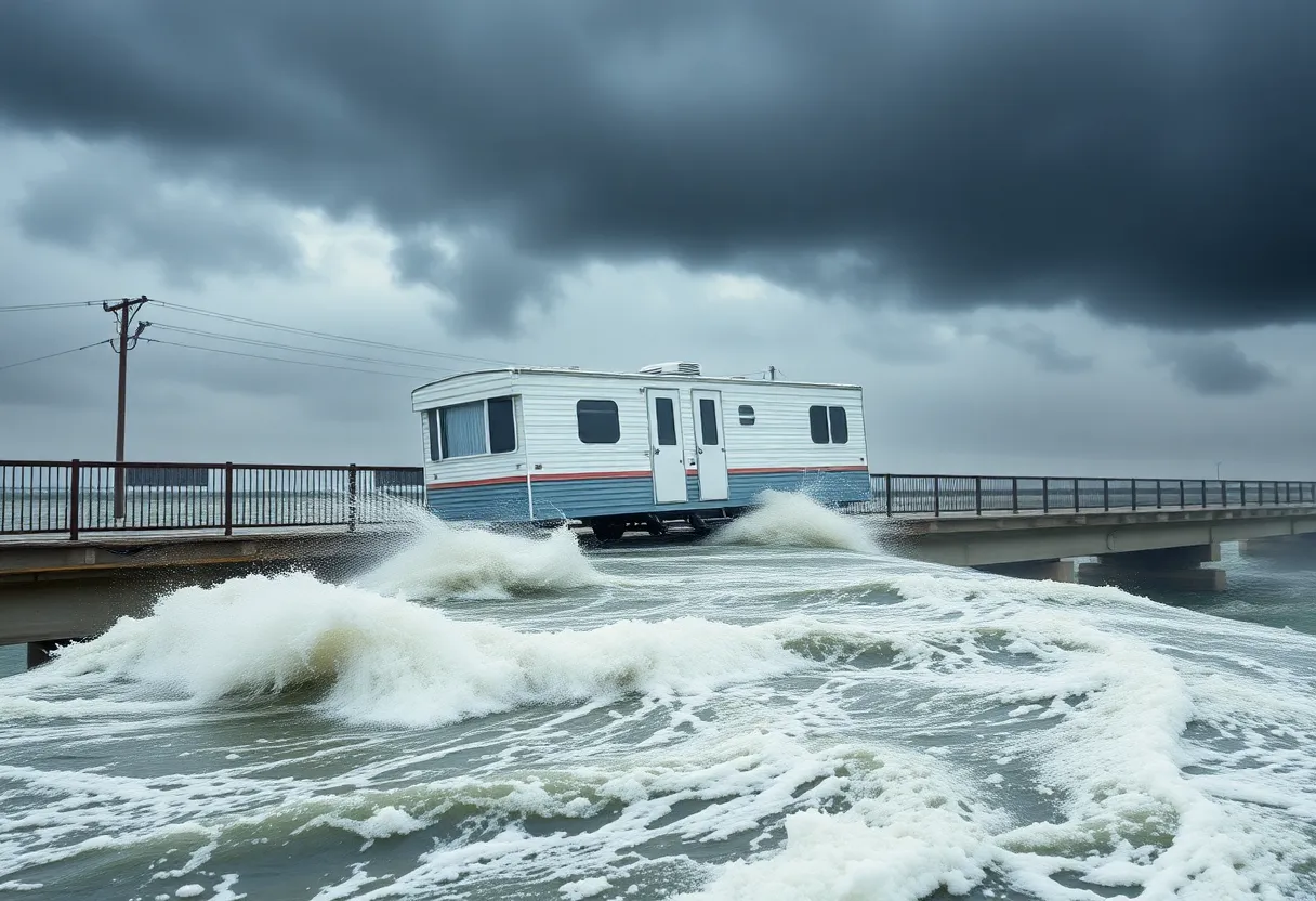 A mobile home positioned on the Marc Basnight Bridge during high winds