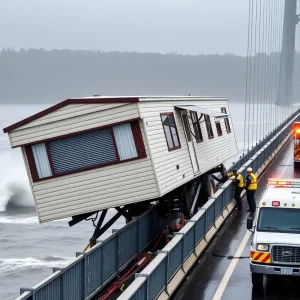 Mobile home on the Marc Basnight Bridge during recovery efforts.