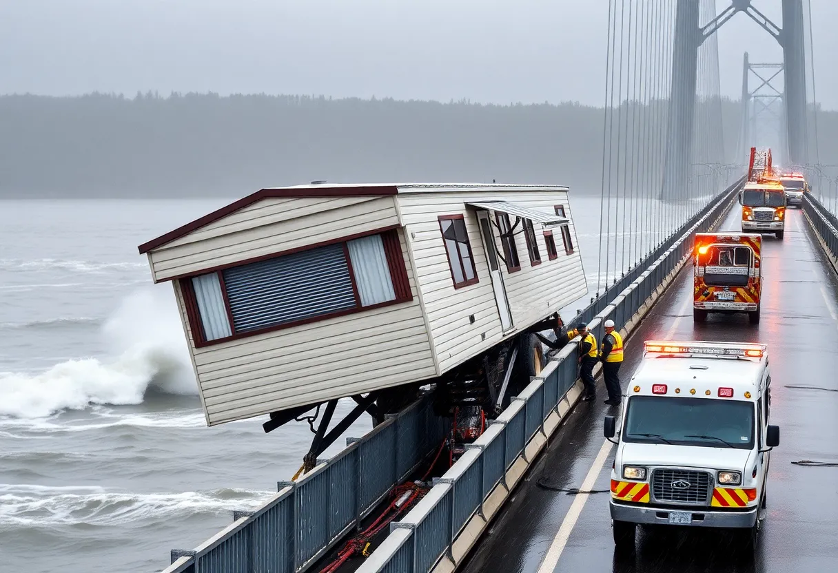 Mobile home on the Marc Basnight Bridge during recovery efforts.