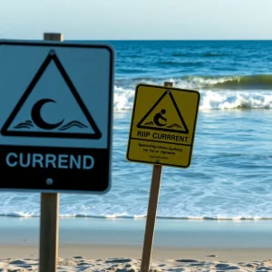 Nags Head beach with warning signs about rip currents
