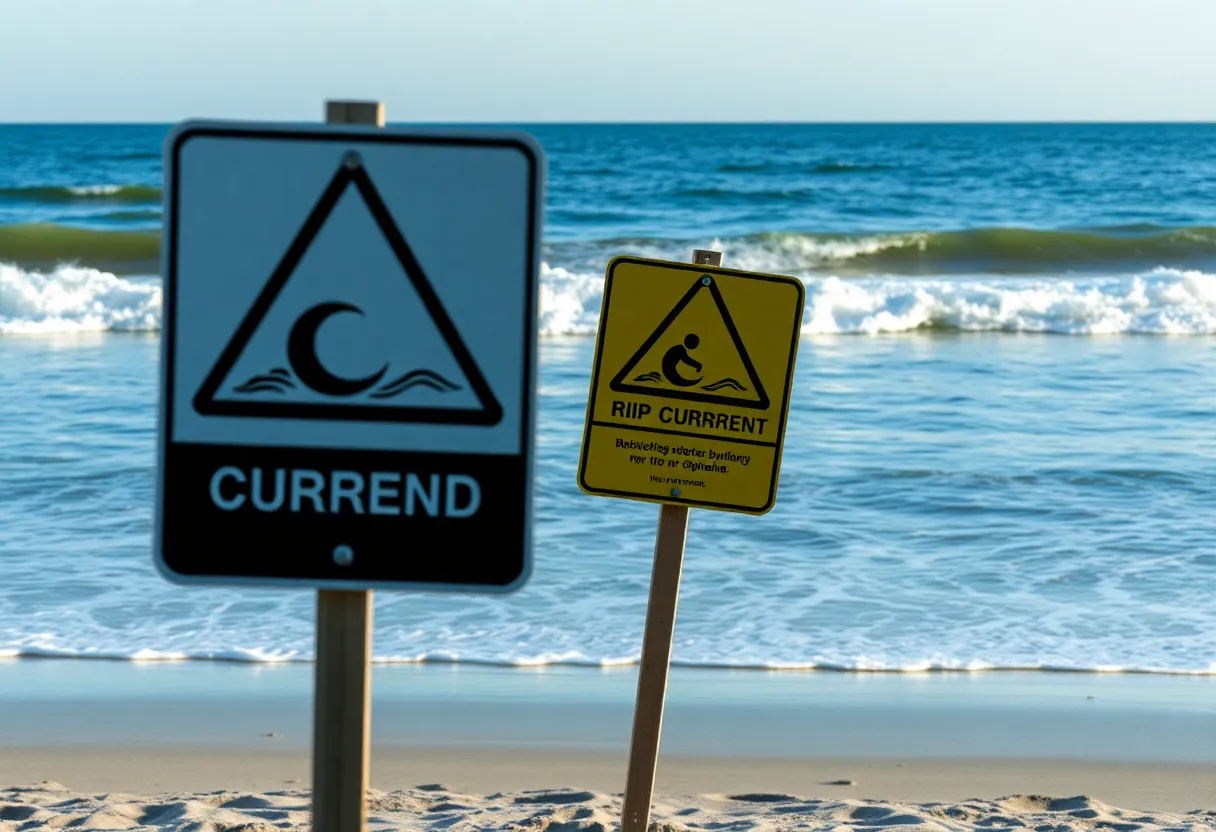 Nags Head beach with warning signs about rip currents