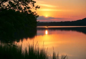 Sunset over a calm lake representing legacy.