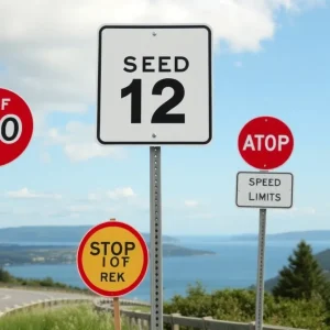 Off-season speed limit sign on N.C. 12 amidst a coastal landscape.