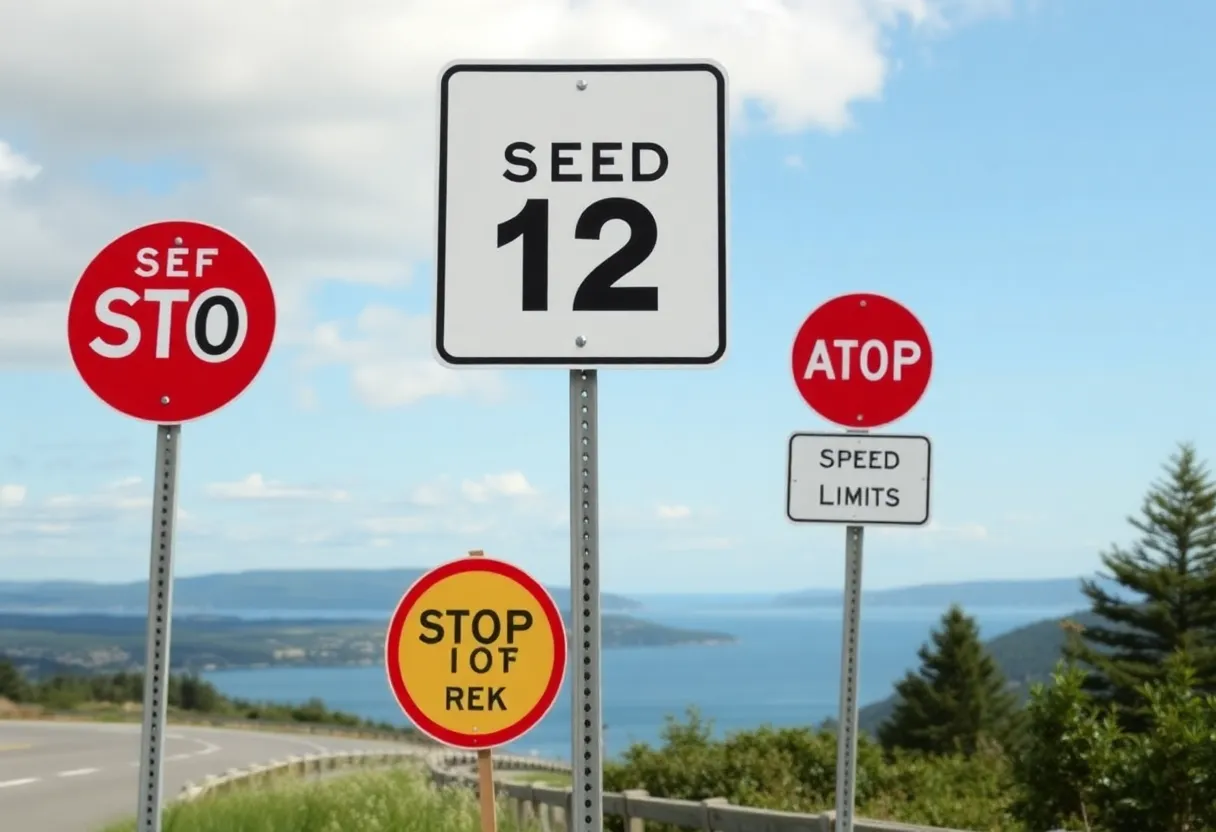 Off-season speed limit sign on N.C. 12 amidst a coastal landscape.