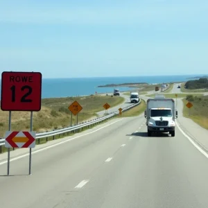 Construction work on N.C. Highway 12 with trucks and signs